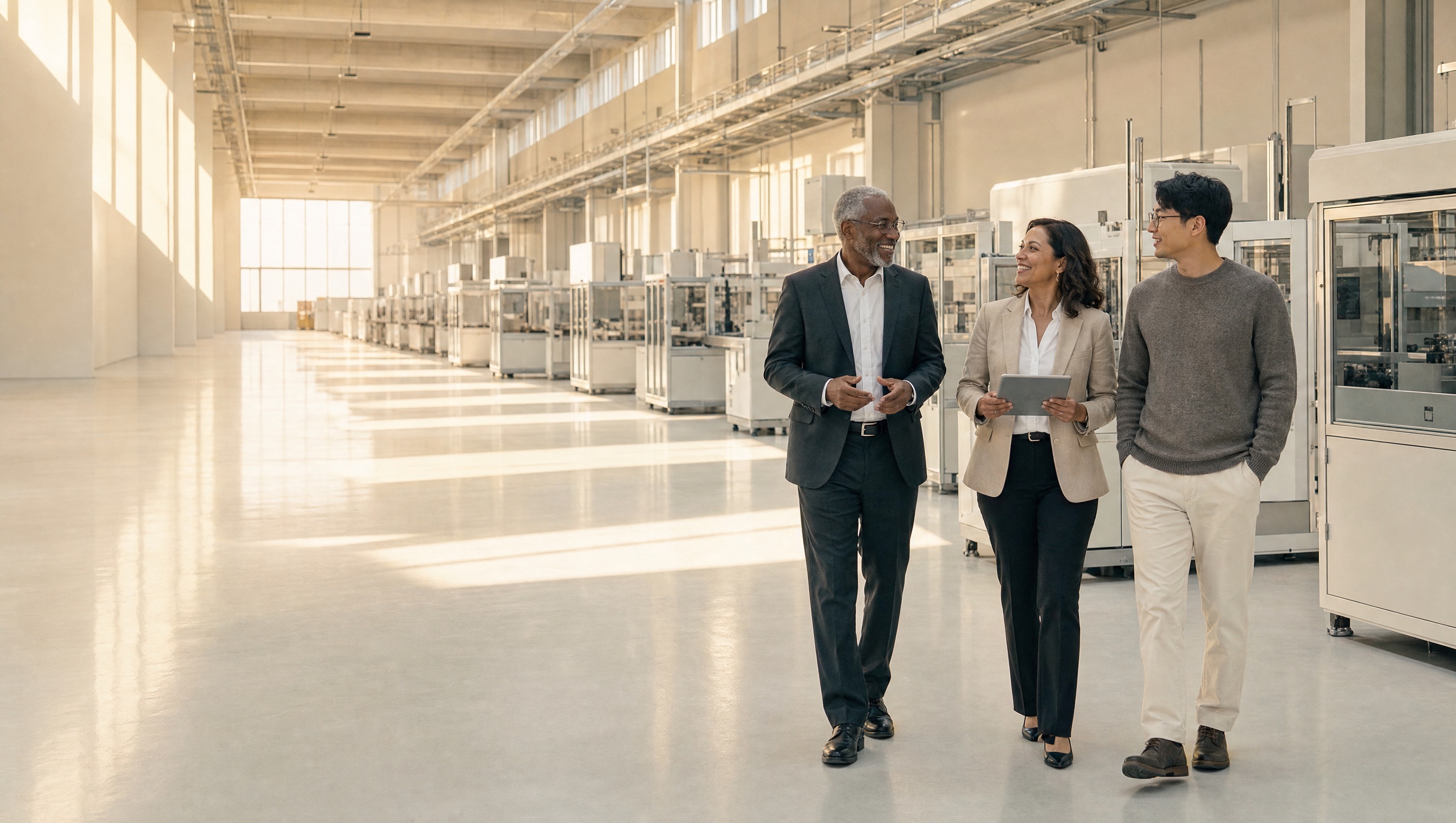 Three executives of different generations walk a vast sunlit production hall in warm conversation.