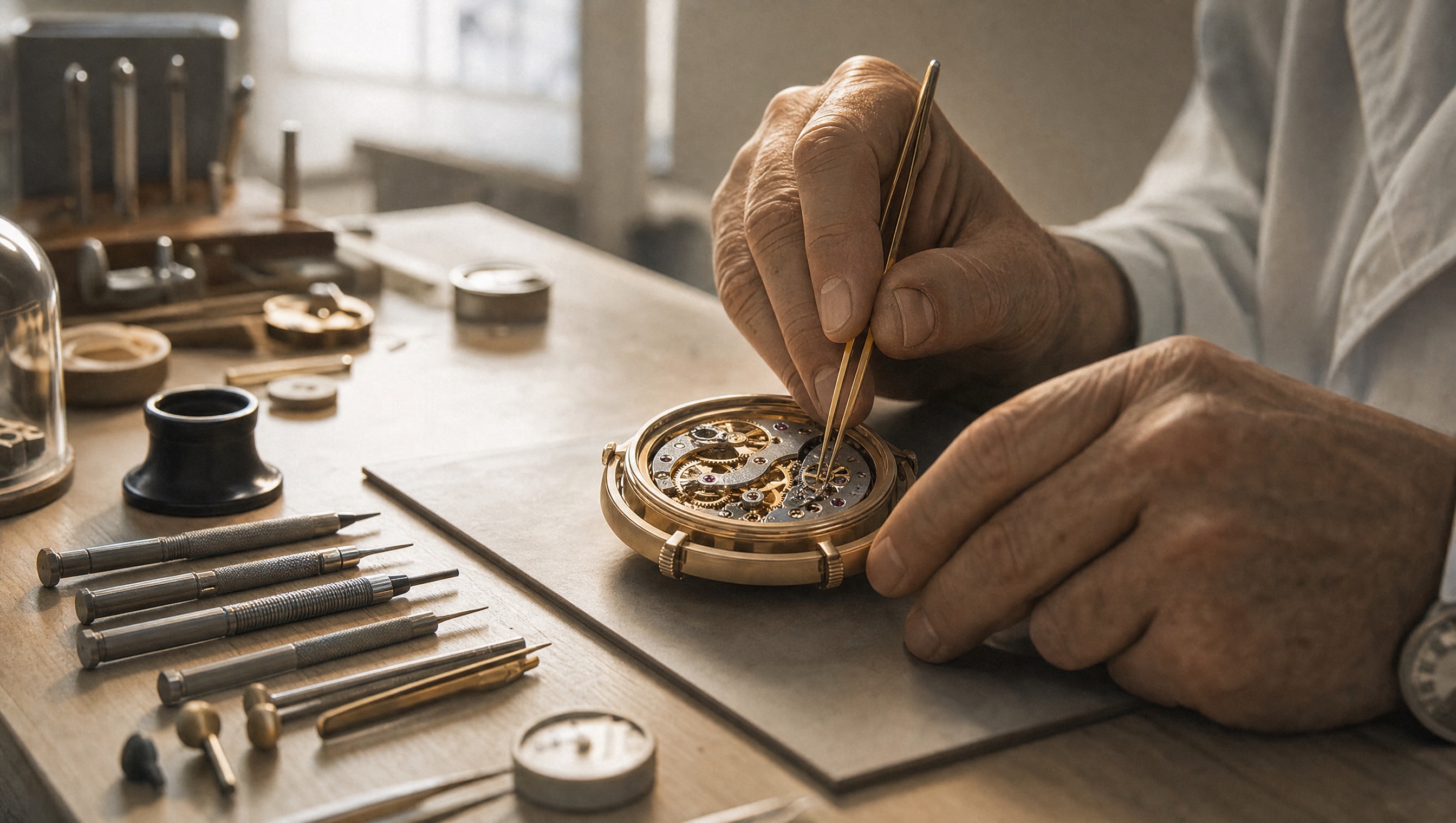 A master watchmaker’s hands adjust an intricate mechanical movement in warm side-light.