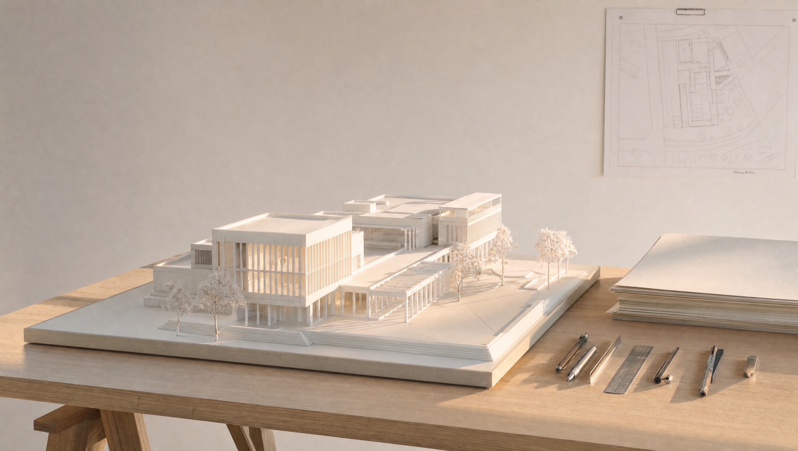 A pristine white architectural model on a pale oak table, raked by soft window light.