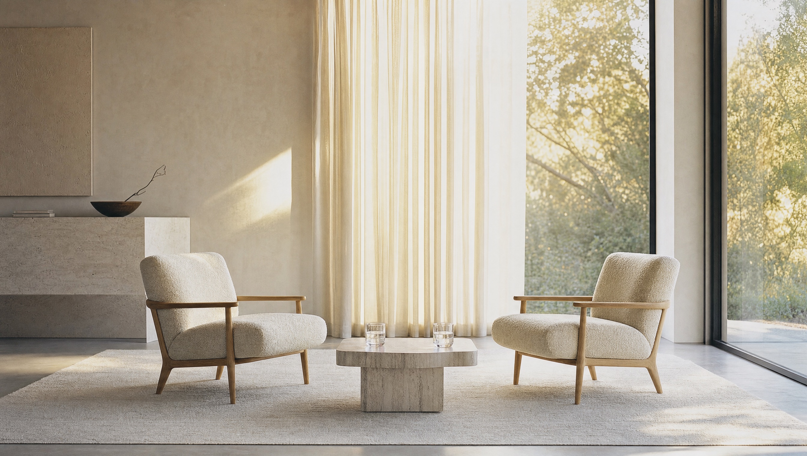 Two elegant chairs face each other beside a floor-to-ceiling window in soft daylight.