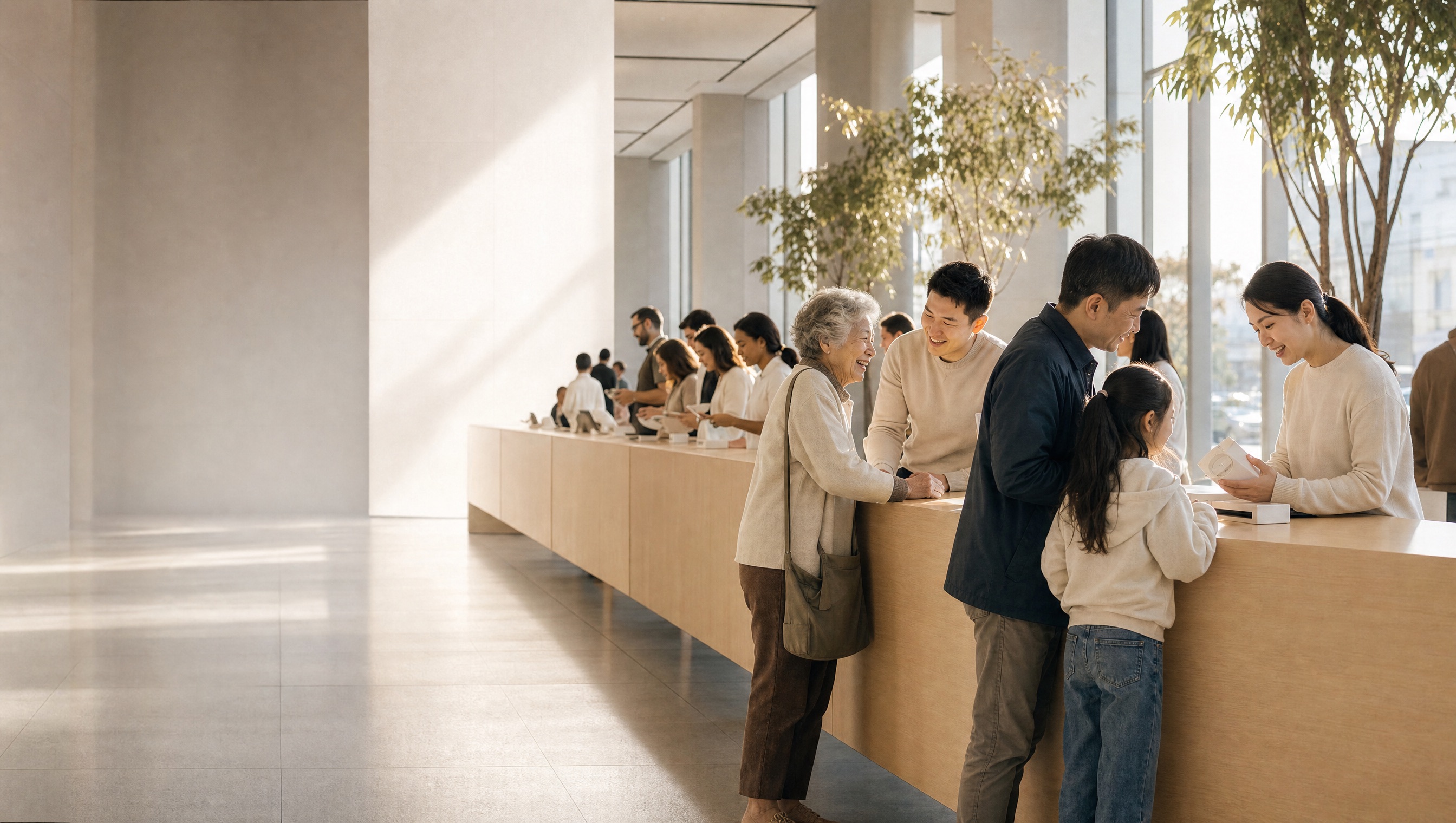 Staff of a large company help customers of many generations along a sunlit oak counter.