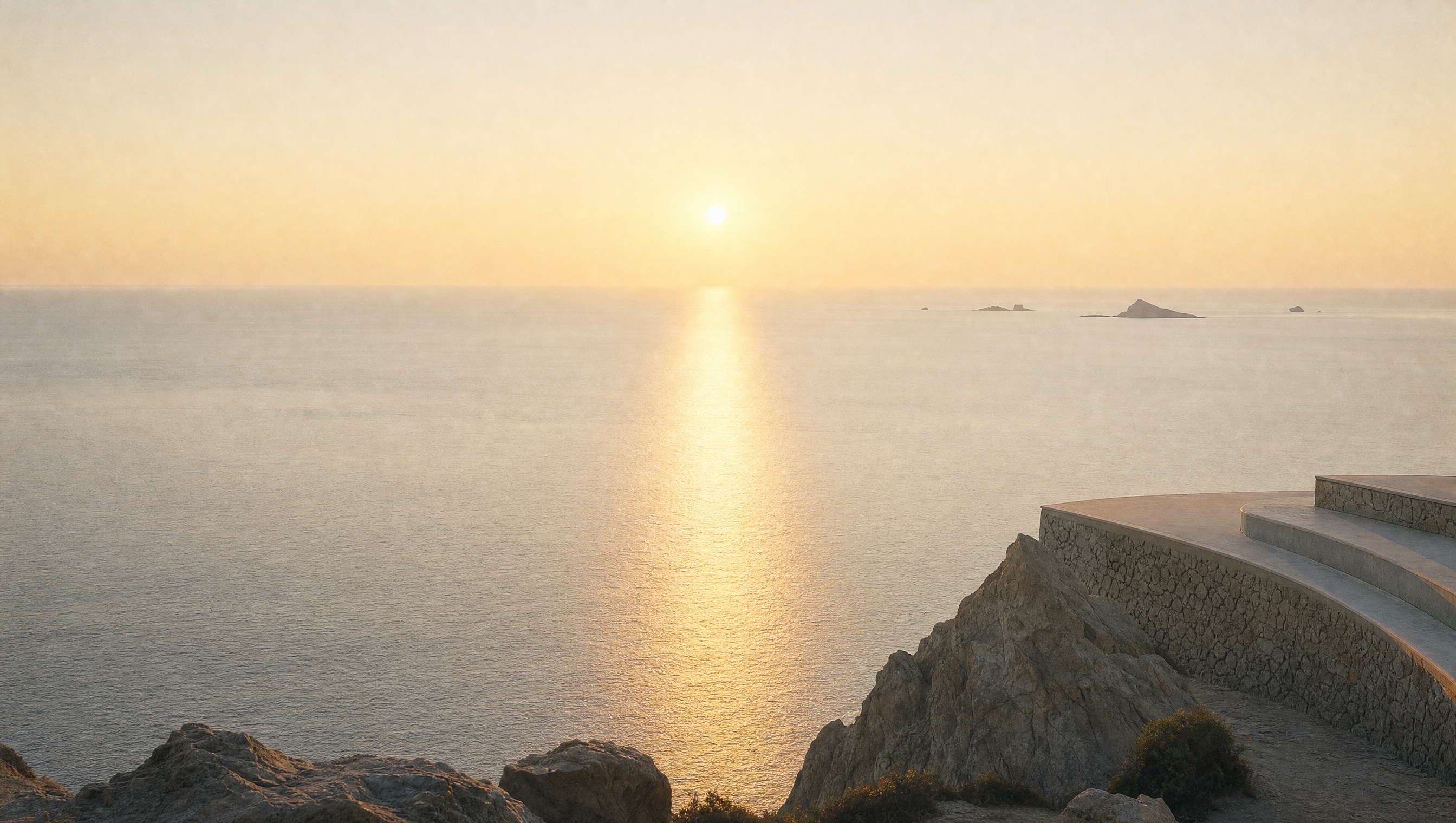 A calm sea at dawn, a path of golden sunlight leading toward the horizon.