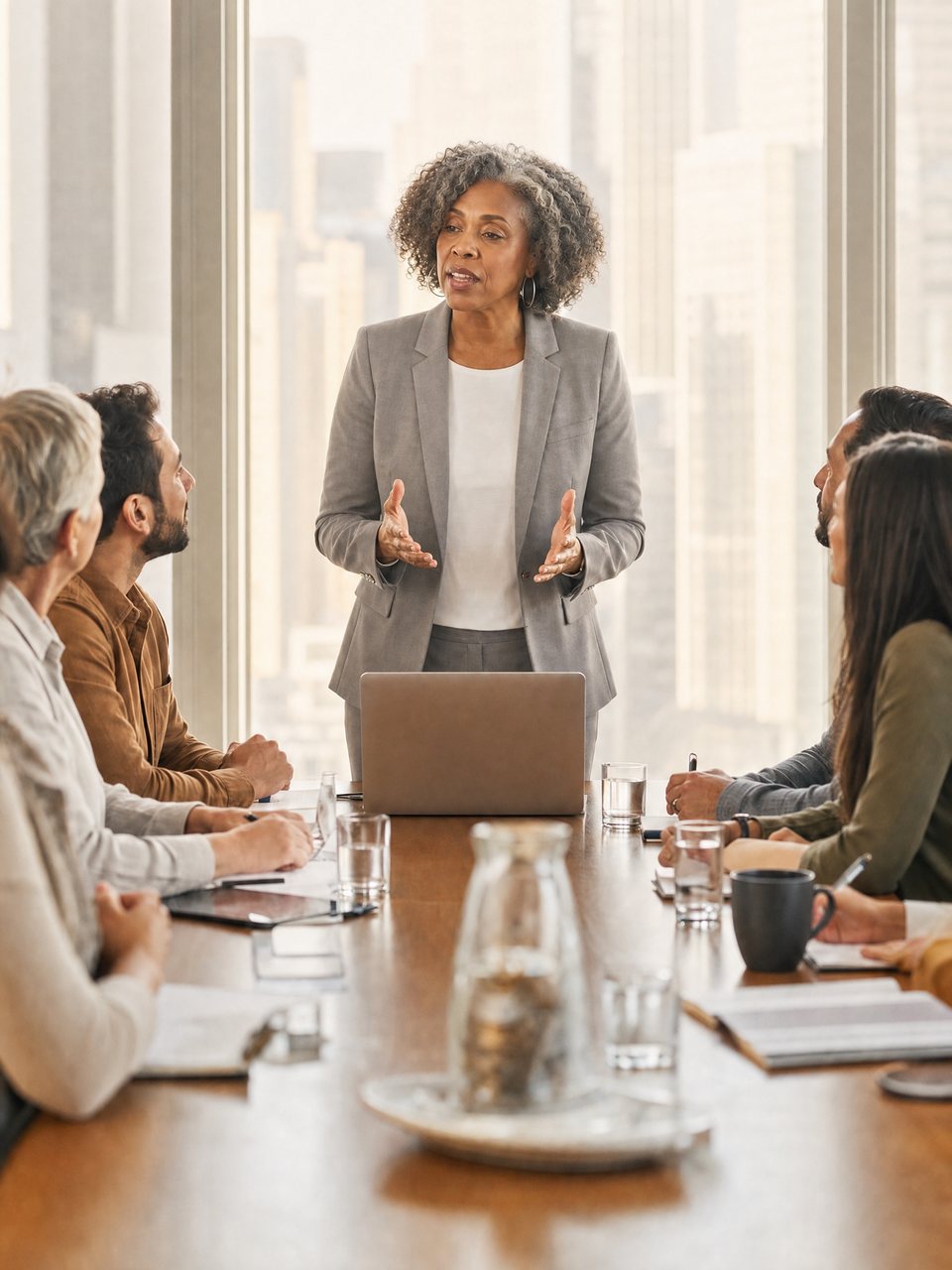 A chief executive standing at the head of the boardroom table, speaking to her leadership team