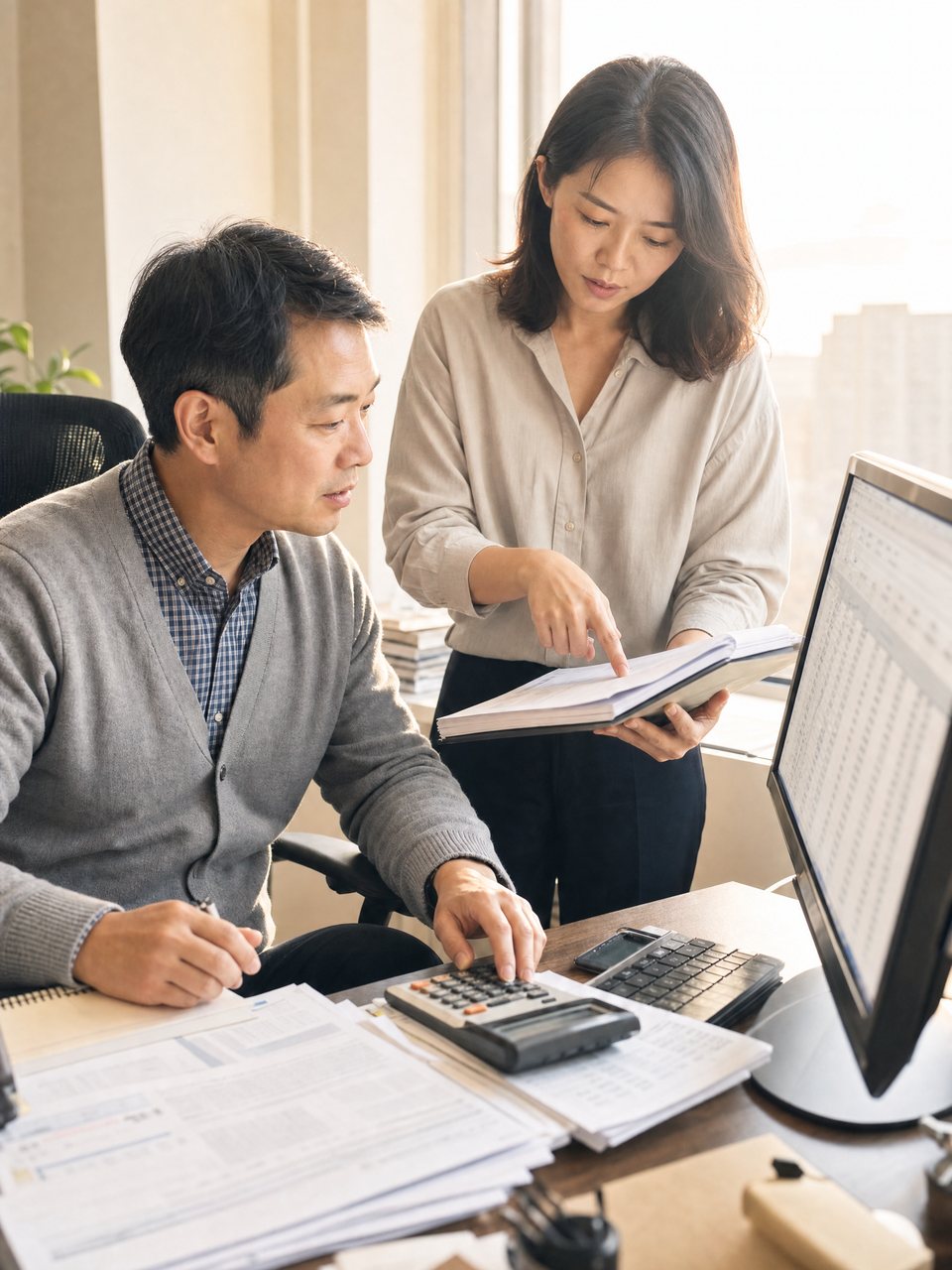 A chief financial officer at his desk with the statements and a calculator, working through a figure with his controller