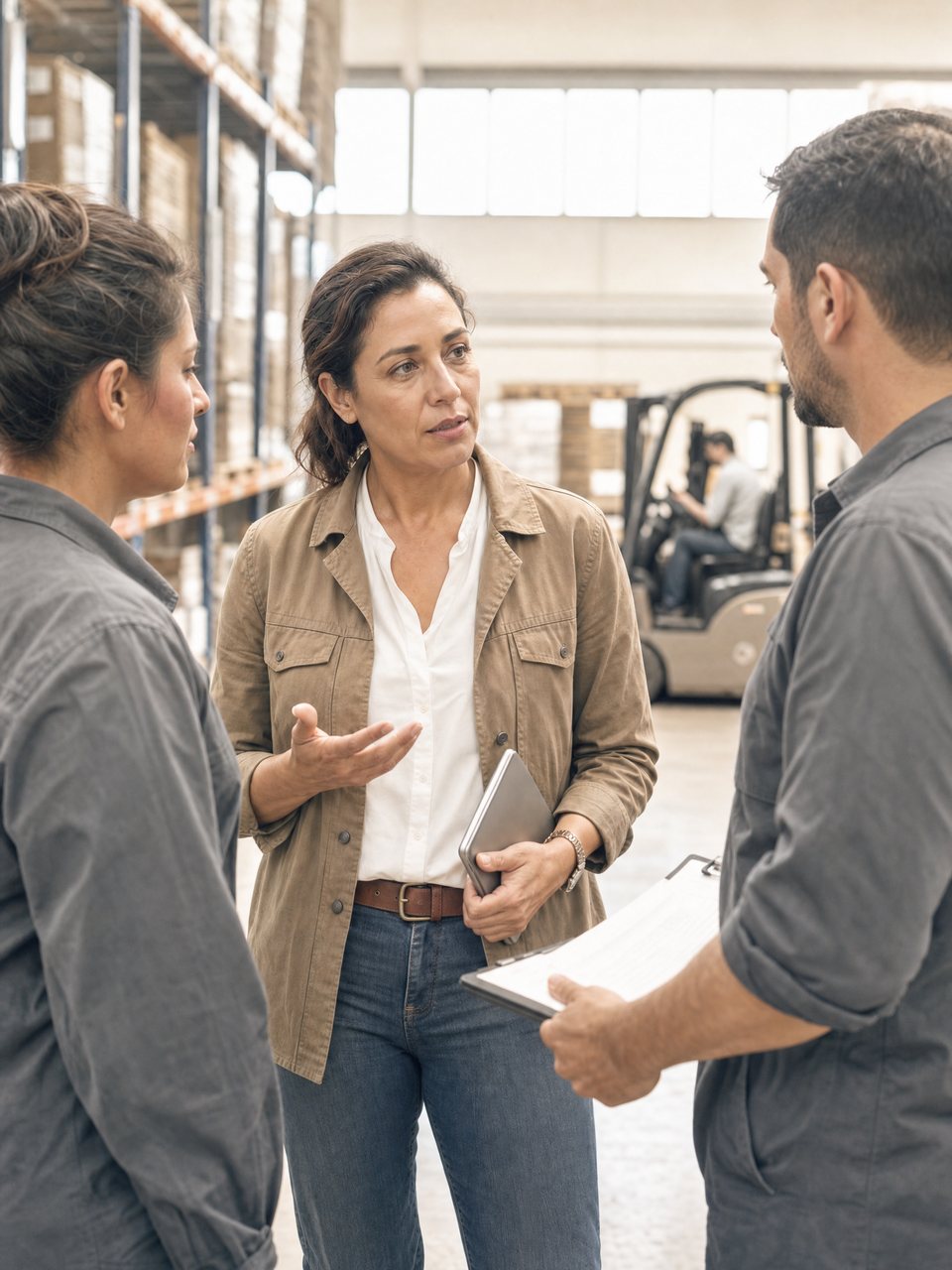 A chief operating officer on the production floor, talking through the day with two supervisors, tablet in hand