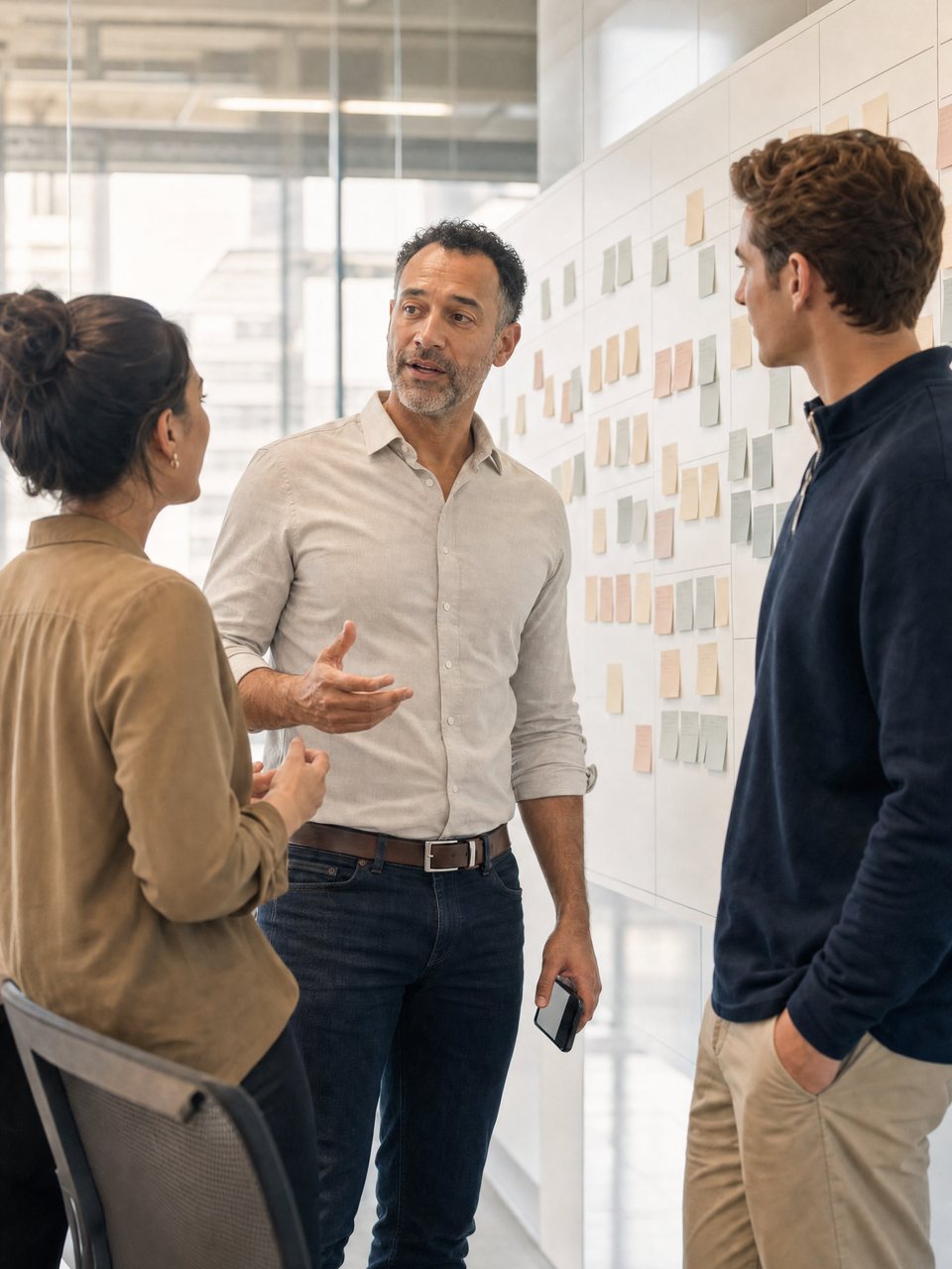 A chief revenue officer at the pipeline wall, talking deals with two account executives