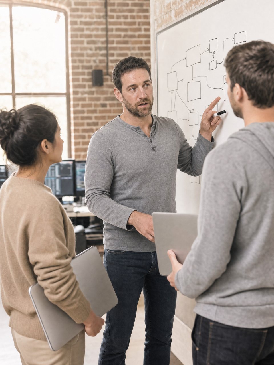 A chief technology officer at a whiteboard, walking two engineers through a system diagram